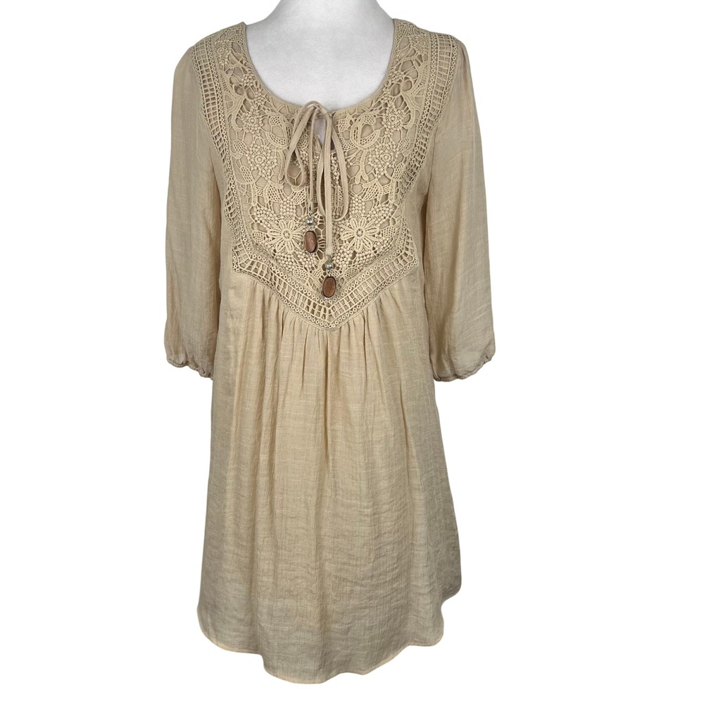 Boho Romantic Dress Crochet Tie Front Medium Festival Beige Tan Earthy Peasant